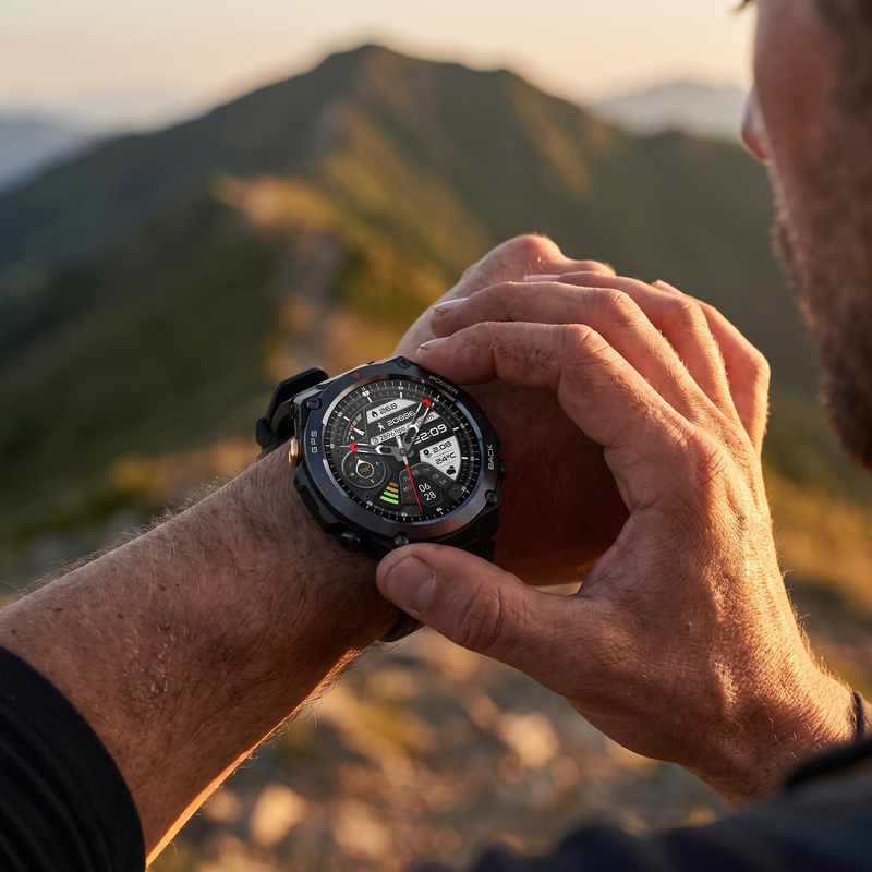 GPS Hiking Watch Rugged Outdoor Tracker and Navigation Smartwatch shown in a styled home setting | Great Lakes Outdoor