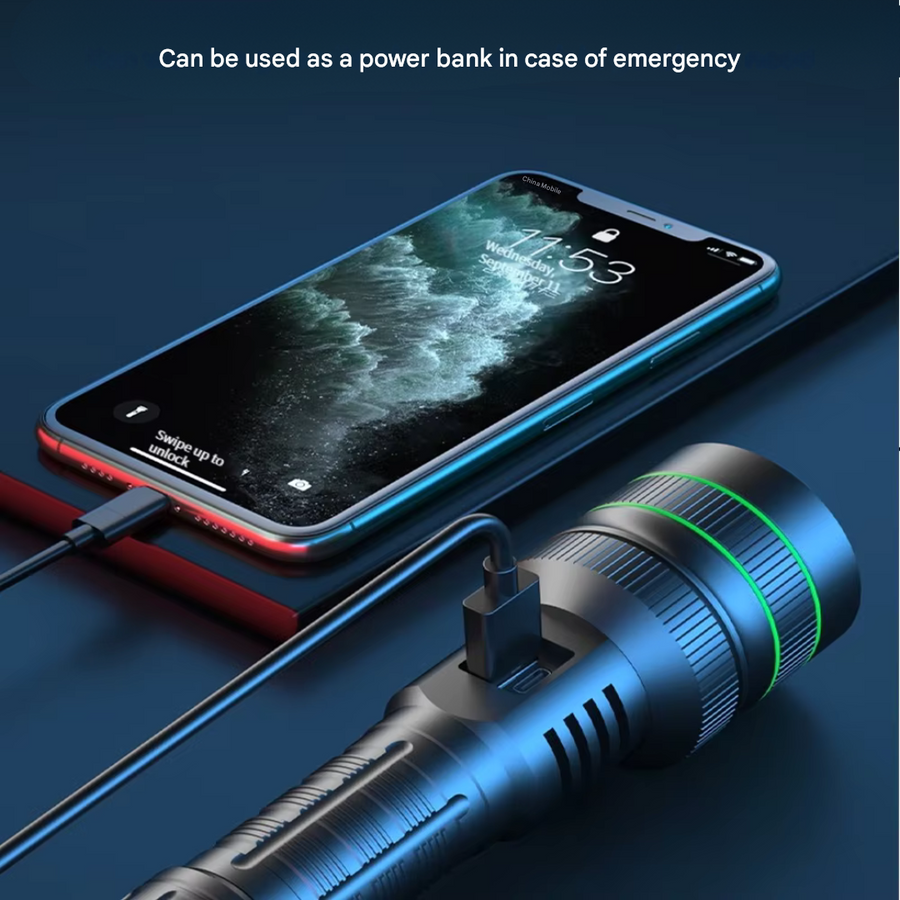 High Lumen LED Flashlight Zoomable Long Range Rechargeable Torch – product view 4 | Great Lakes Outdoor