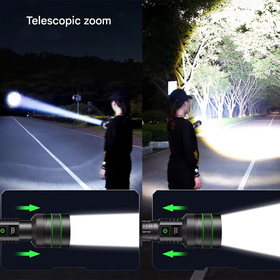 High Lumen LED Flashlight Zoomable Long Range Rechargeable Torch – product view 5 | Great Lakes Outdoor