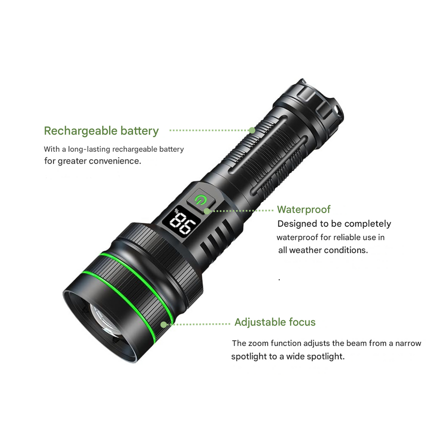 High Lumen LED Flashlight Zoomable Long Range Rechargeable Torch – product view 6 | Great Lakes Outdoor