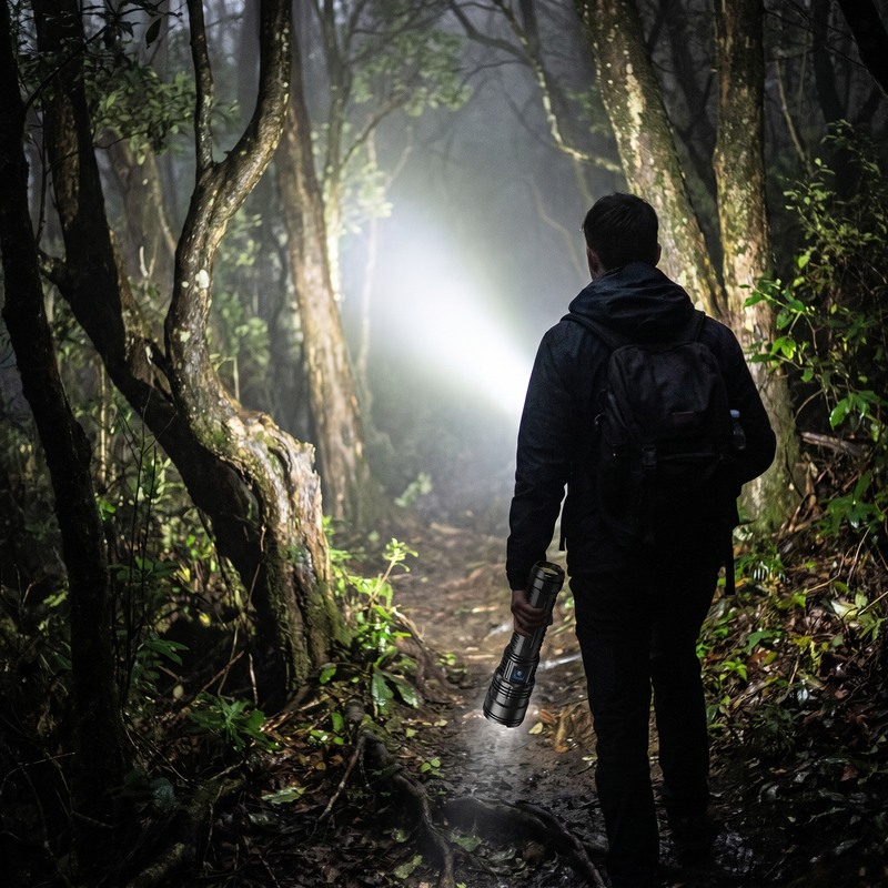 High Lumen Tactical Flashlight used at night on a forest trail