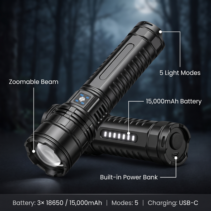 High Lumen Tactical Flashlight Rechargeable LED Zoom Power Bank – features and specifications overview | Great Lakes Outdoor
