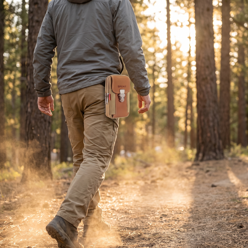 Man hiking wearing belt pouch on trail