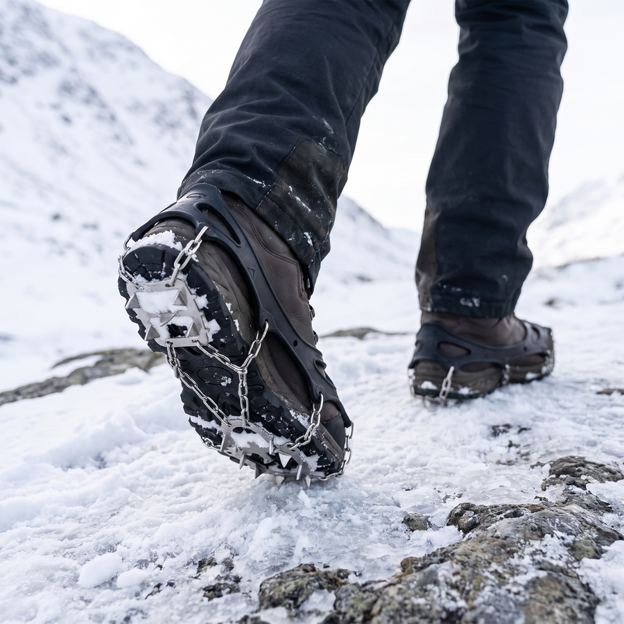 Hiker walking on packed snow and ice wearing ice traction cleats with stainless steel chains over hiking boots