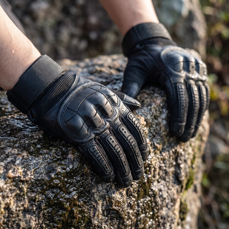 Hands in black tactical gloves gripping a granite rock ledge
