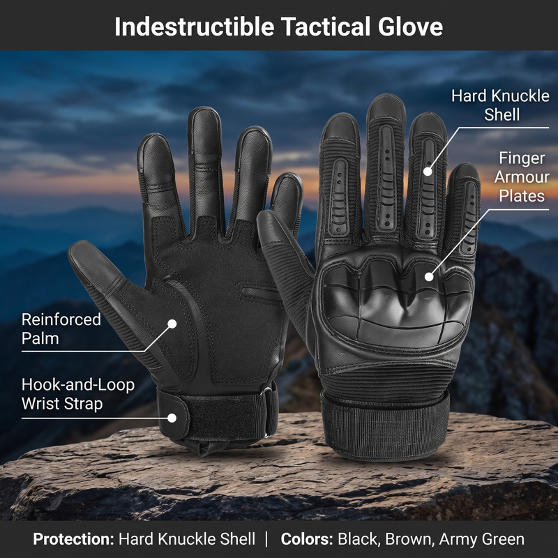 Feature overview of the tactical glove: hard knuckle shell, finger armour plates, reinforced palm, hook-and-loop wrist strap