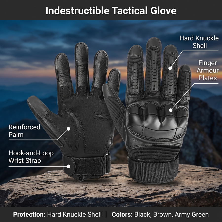 Feature overview of the tactical glove: hard knuckle shell, finger armour plates, reinforced palm, hook-and-loop wrist strap