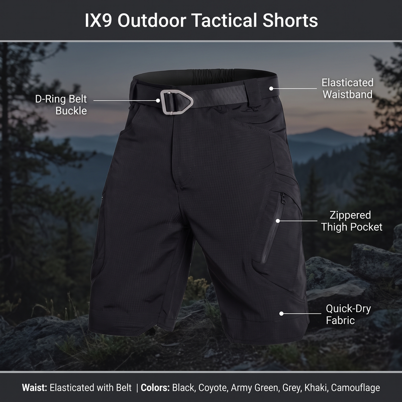 Feature overview of the IX9 tactical shorts: D-ring belt buckle, elasticated waistband, zippered thigh pocket, quick-dry fabric