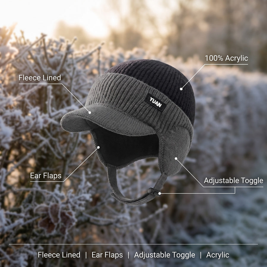 Knitted Winter Beanie Fleece Lined Ear Flap Brimmed Cycling Hat, product photo 2