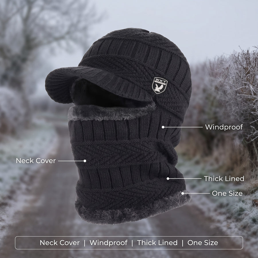 Knitted Winter Beanie Integrated Neck Cover Windproof Lined Hat, product photo 2