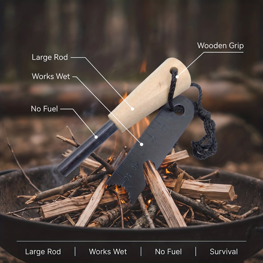 Large Ferro Rod Fire Starter Wooden Grip Survival Flint Striker, product photo 2