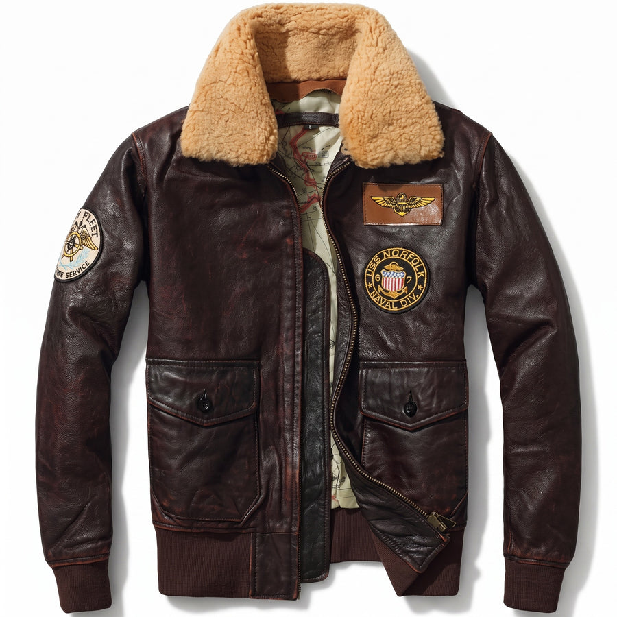 Leather Bomber Jacket Brown Vintage Embroidered Patches Aviator, product photo 1
