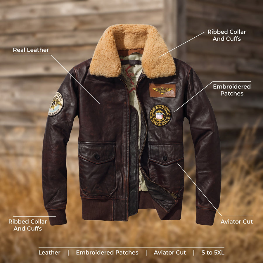 Leather Bomber Jacket Brown Vintage Embroidered Patches Aviator, product photo 2