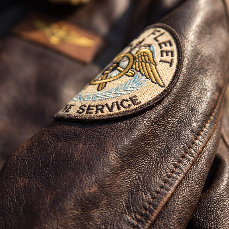 Leather Bomber Jacket Brown Vintage Embroidered Patches Aviator, product photo 4