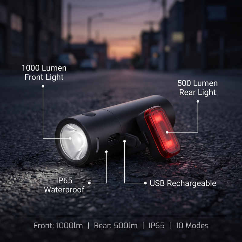 LED Bicycle Light Set USB Rechargeable 1000 Lumen Front 500 Rea – features and specifications overview | Great Lakes Outdoor