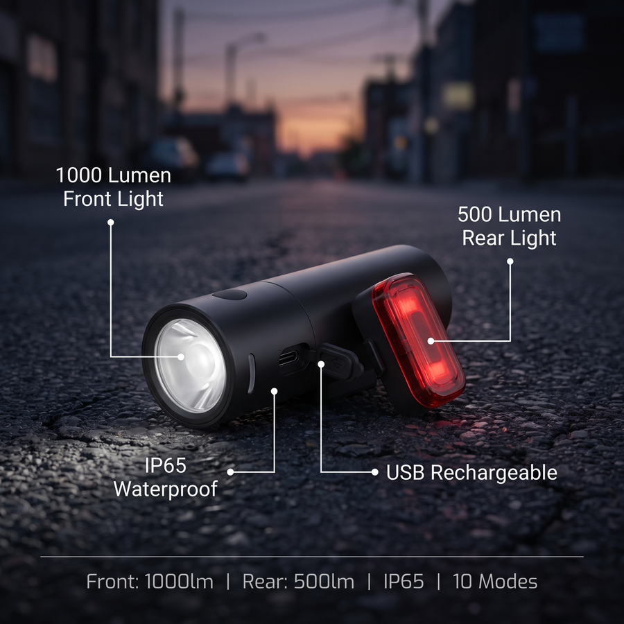 LED Bicycle Light Set USB Rechargeable 1000 Lumen Front 500 Rea – features and specifications overview | Great Lakes Outdoor