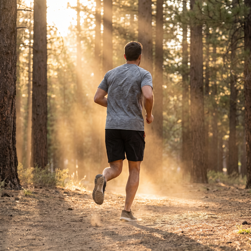 Man running on forest trail wearing athletic shorts