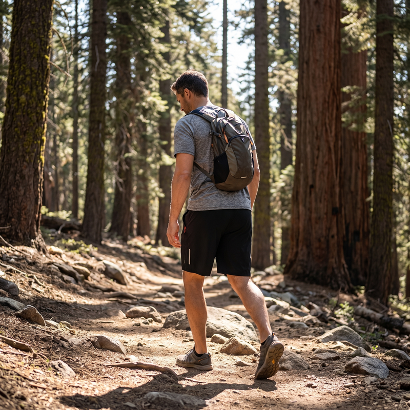 Man hiking on forest trail wearing athletic shorts