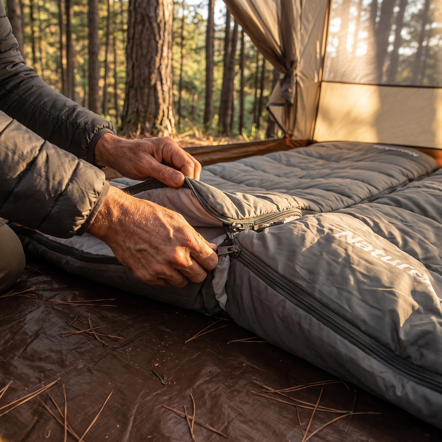 Lightweight Connectable Sleeping Bag Rectangular 4-Season Camping Gear shown in a styled home setting | Great Lakes Outdoor