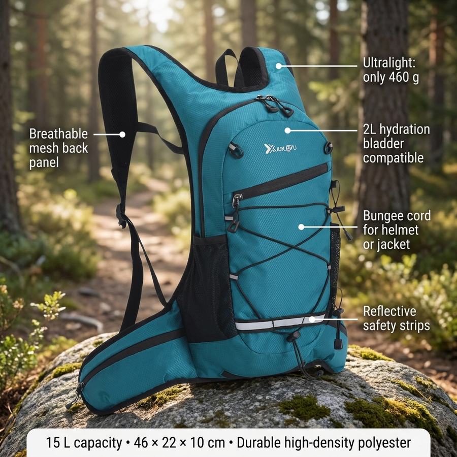 Feature overview of the lightweight hiking daypack: breathable mesh back, bungee cord, 2L hydration compatible, reflective strips, 460 g