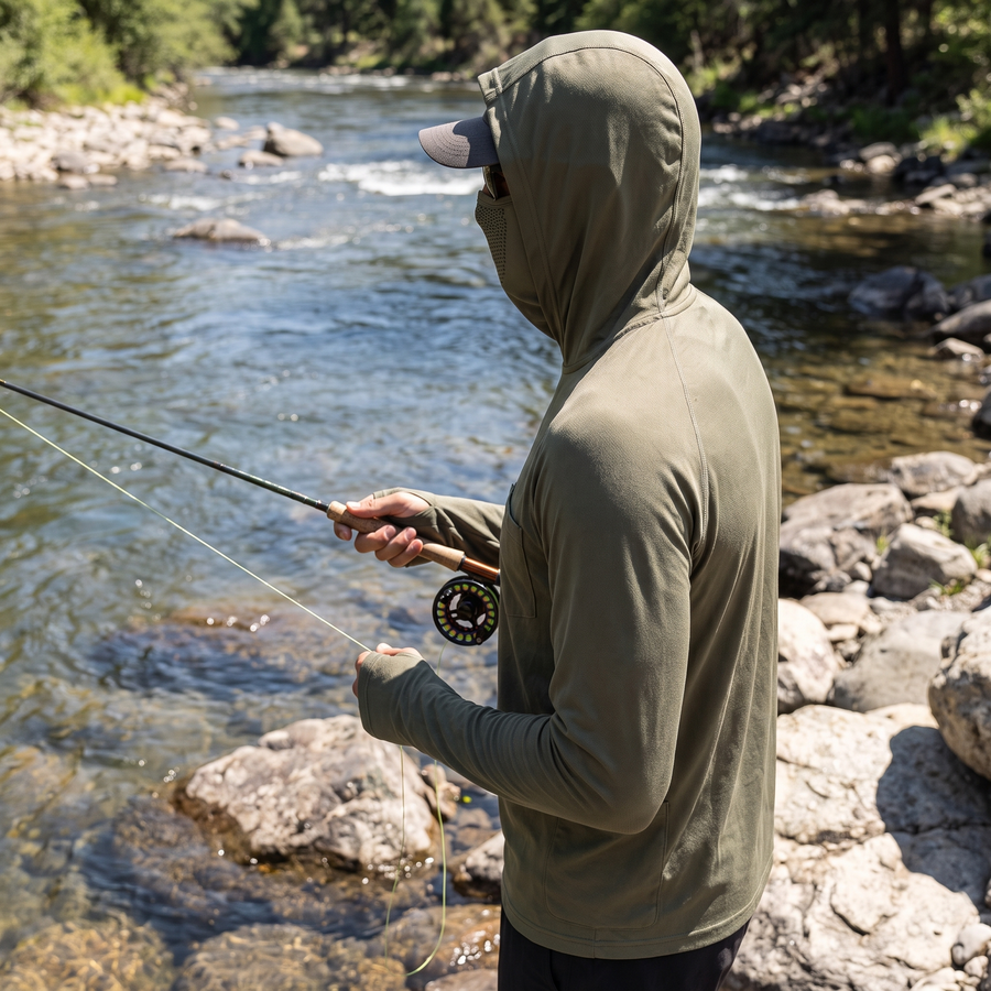 Angler at a river wearing the UPF 50 hooded sun shirt with the hood up and gaiter over the face