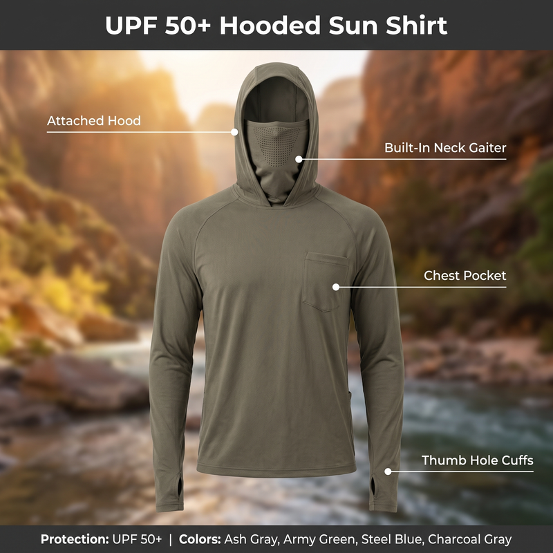 Feature overview of the UPF 50 hooded sun shirt: attached hood, built-in neck gaiter, chest pocket, thumb hole cuffs