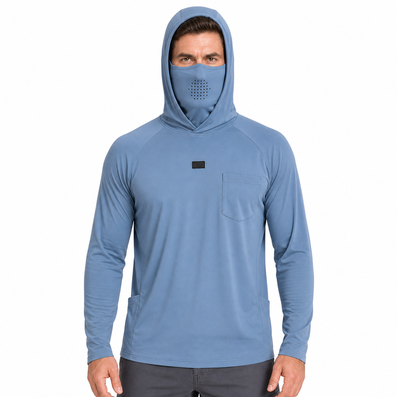 Lightweight Quick-Dry UPF 50+ Hooded Sun Shirt with Built-In Neck Gaiter in Steel Blue
