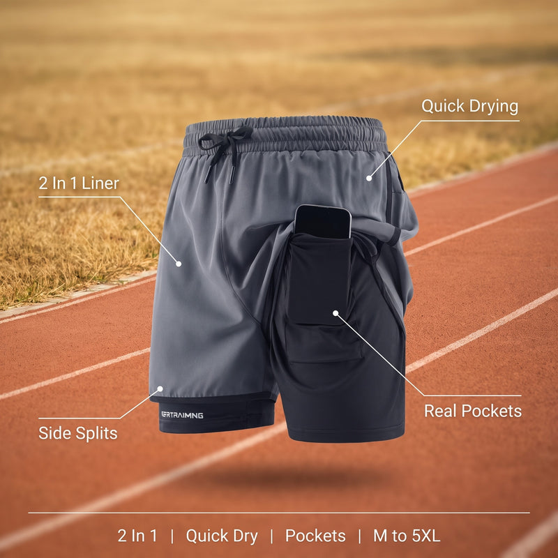 Men's 2 In 1 Running Shorts Quick Dry Lined Pocket Gym Sportswear, product photo 2