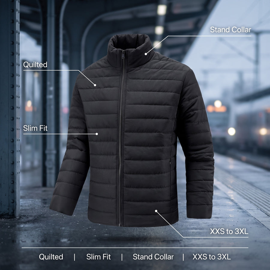 Men's Black Quilted Winter Jacket Slim Fit Stand Collar Zip, product photo 2
