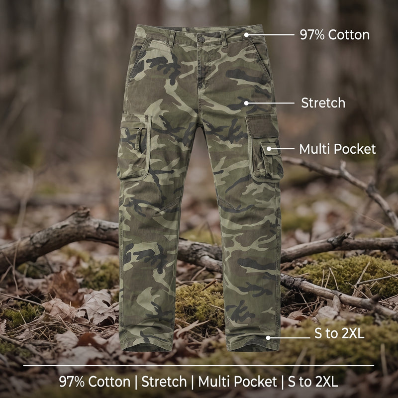 Men's Camo Cargo Trousers Cotton Stretch Straight Leg Pockets, product photo 2