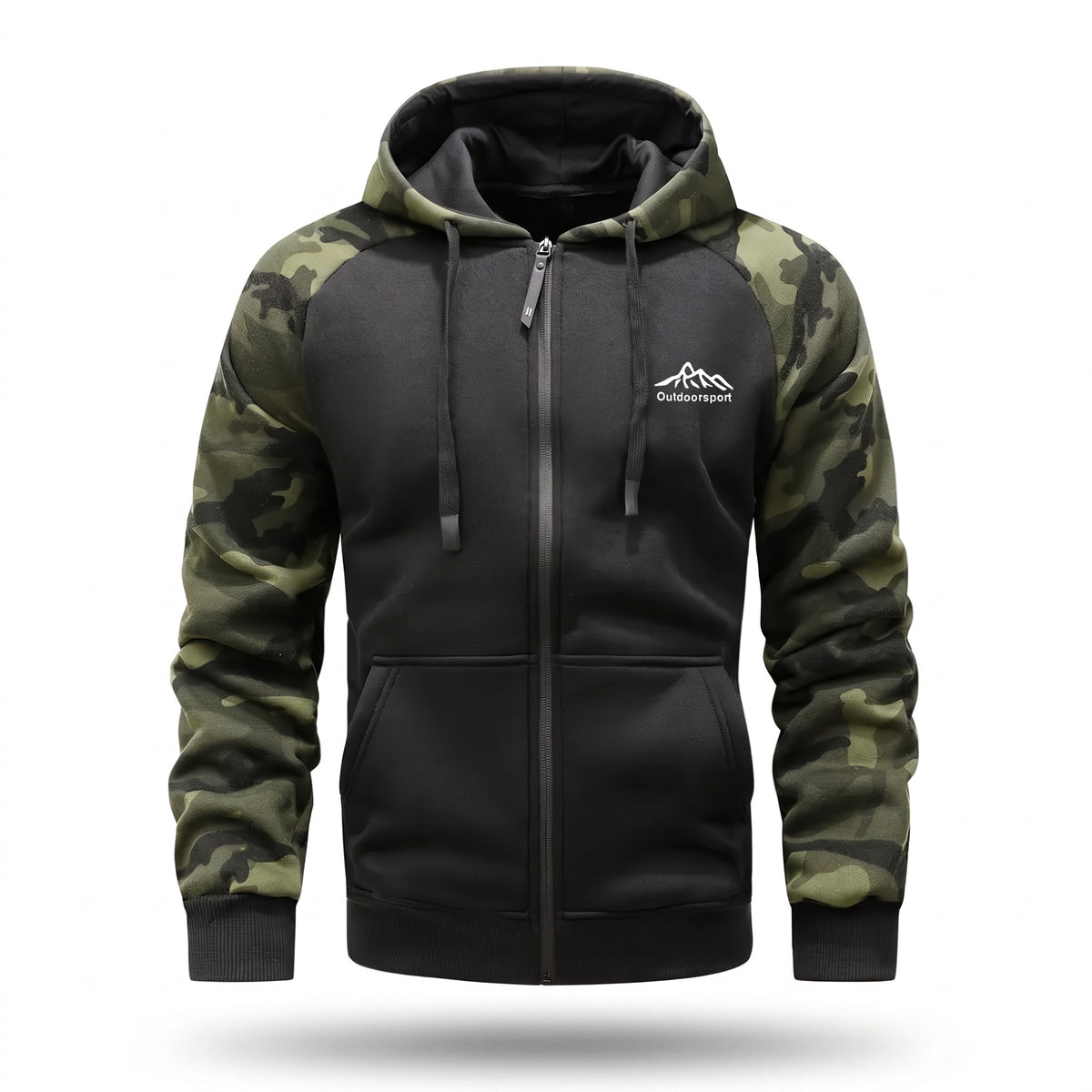 Men's Camo Fleece Hoodie Polar Lined Raglan Zip Pocket Jacket, product photo 1