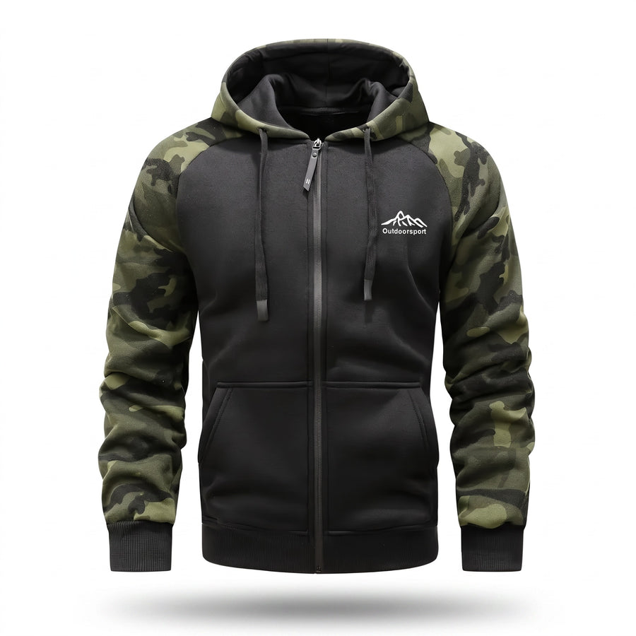 Men's Camo Fleece Hoodie Polar Lined Raglan Zip Pocket Jacket, product photo 1