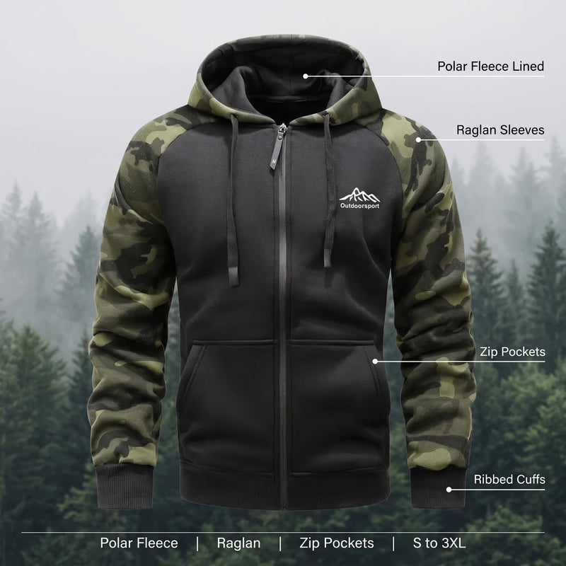 Men's Camo Fleece Hoodie Polar Lined Raglan Zip Pocket Jacket, product photo 2