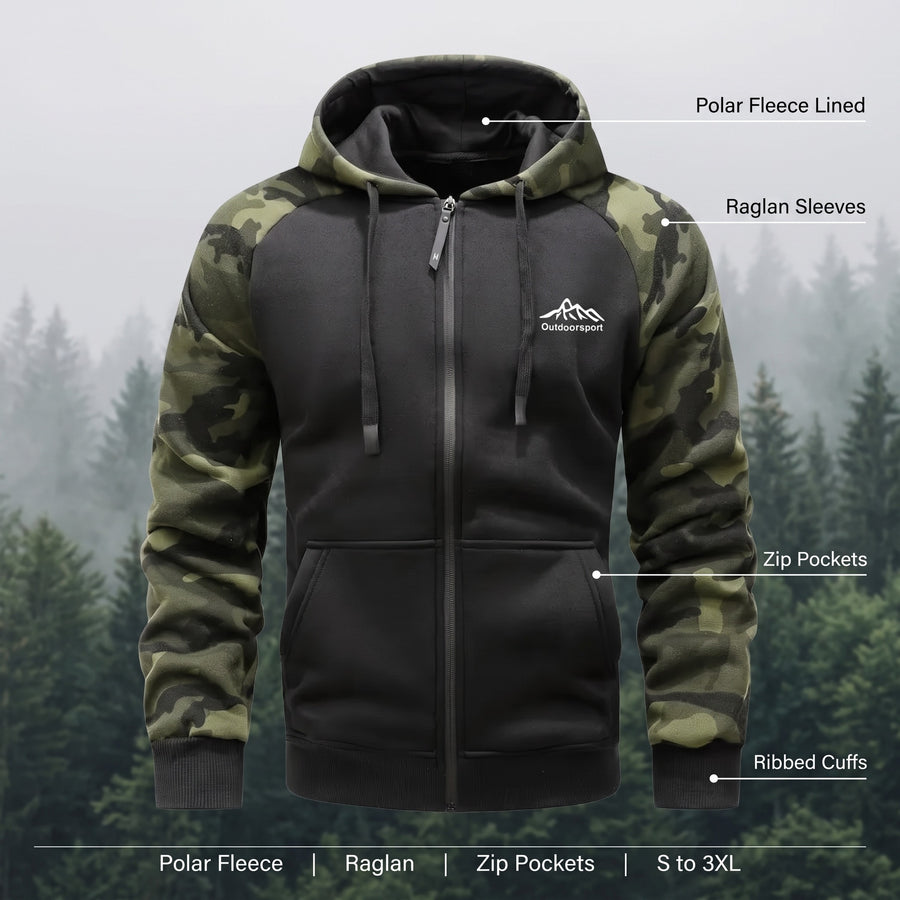 Men's Camo Fleece Hoodie Polar Lined Raglan Zip Pocket Jacket, product photo 2