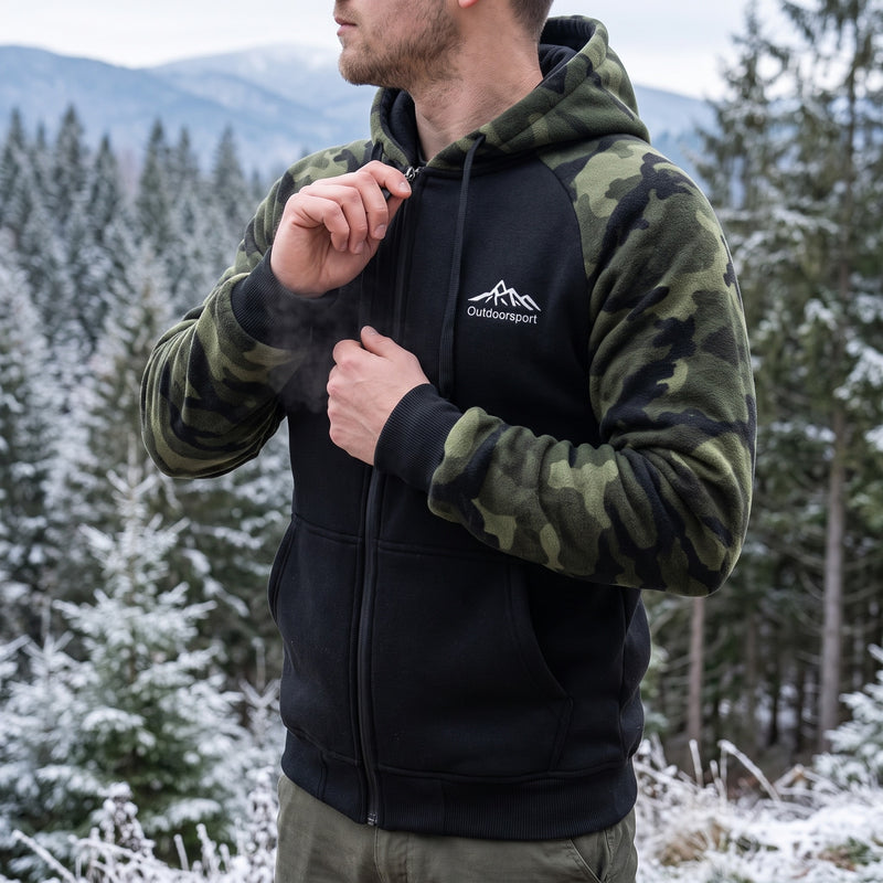 Men's Camo Fleece Hoodie Polar Lined Raglan Zip Pocket Jacket, product photo 5