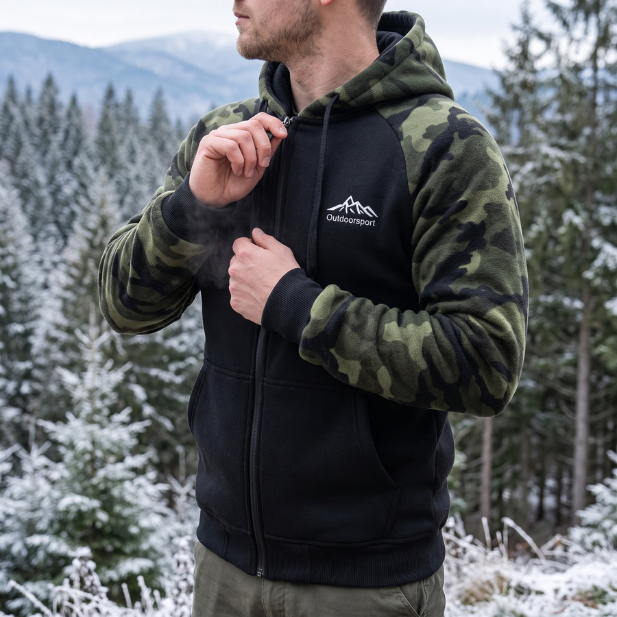 Men's Camo Fleece Hoodie Polar Lined Raglan Zip Pocket Jacket, product photo 5