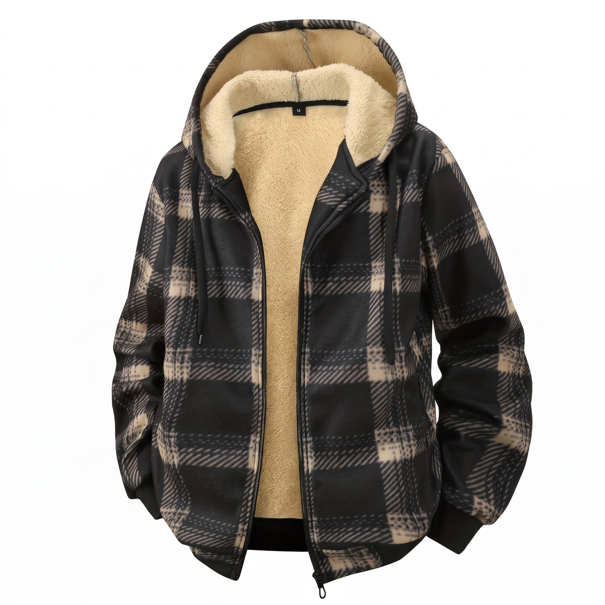Men's Checked Fleece Lined Jacket Hooded Zip Pockets Baseball, product photo 1