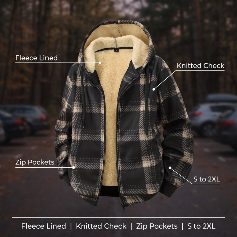 Men's Checked Fleece Lined Jacket Hooded Zip Pockets Baseball, product photo 2