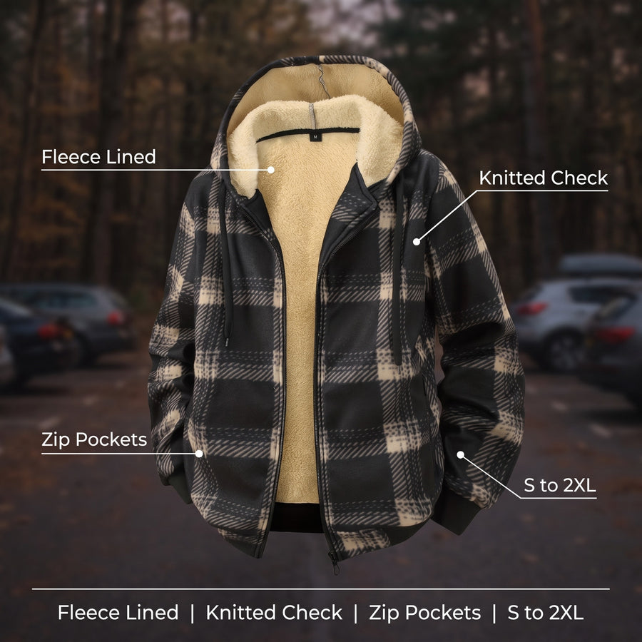 Men's Checked Fleece Lined Jacket Hooded Zip Pockets Baseball, product photo 2