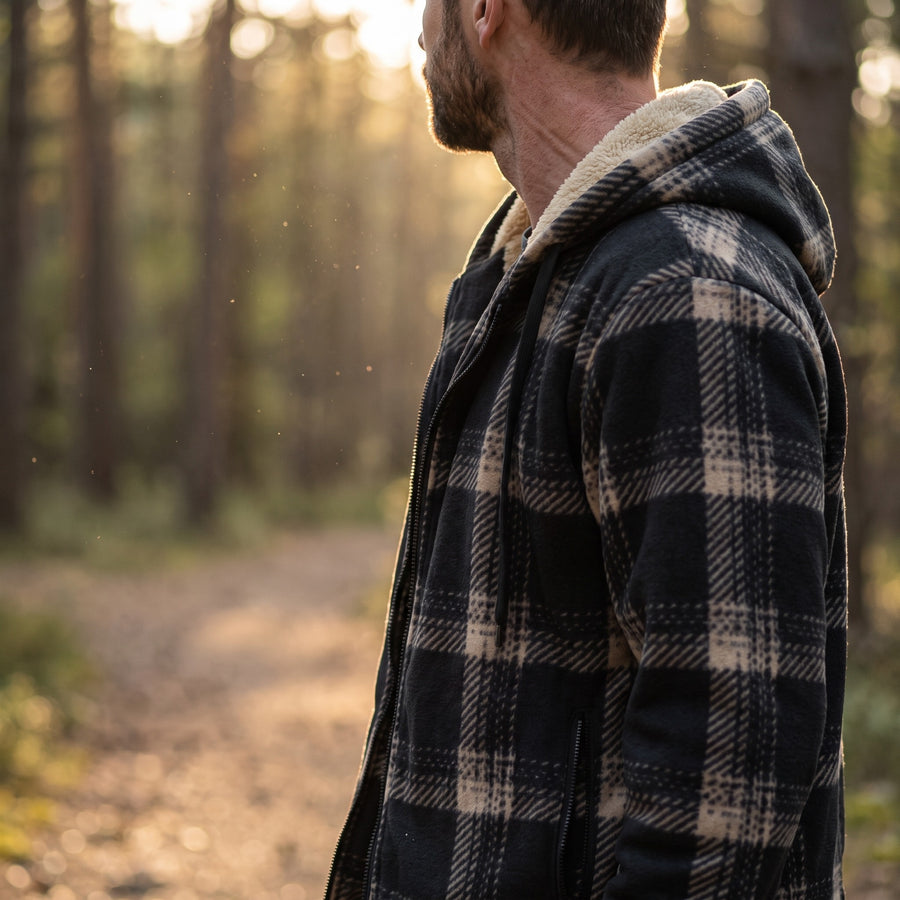 Men's Checked Fleece Lined Jacket Hooded Zip Pockets Baseball, product photo 3