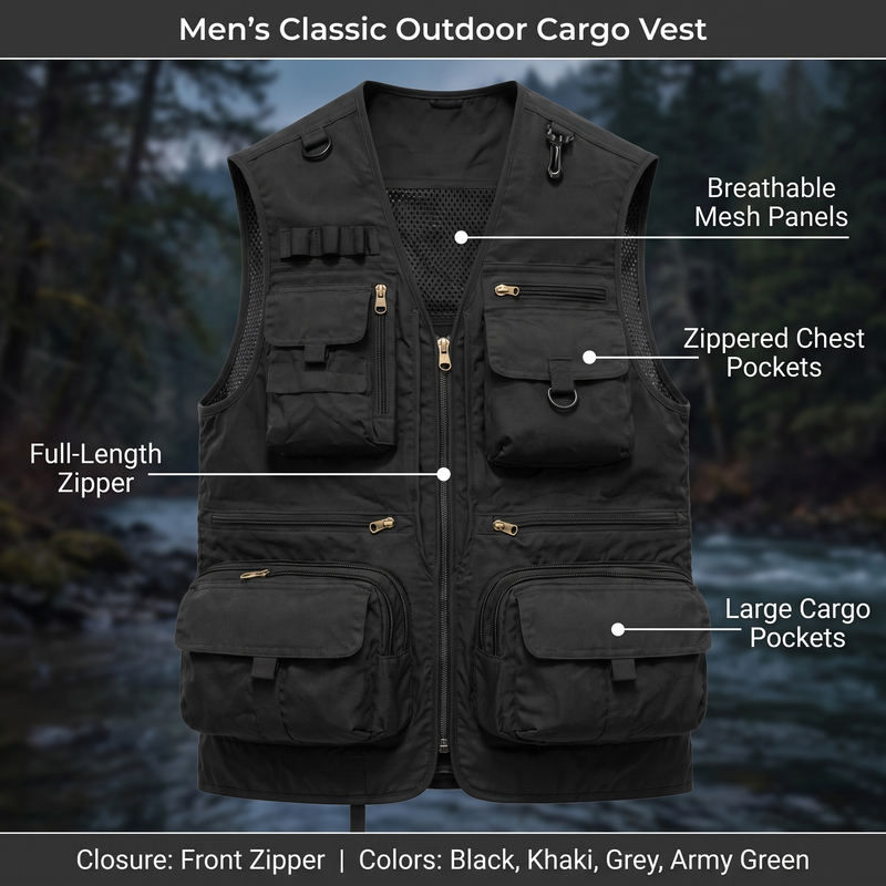 Feature overview of the classic outdoor cargo vest: full-length zipper, breathable mesh panels, zippered chest pockets, large cargo pockets