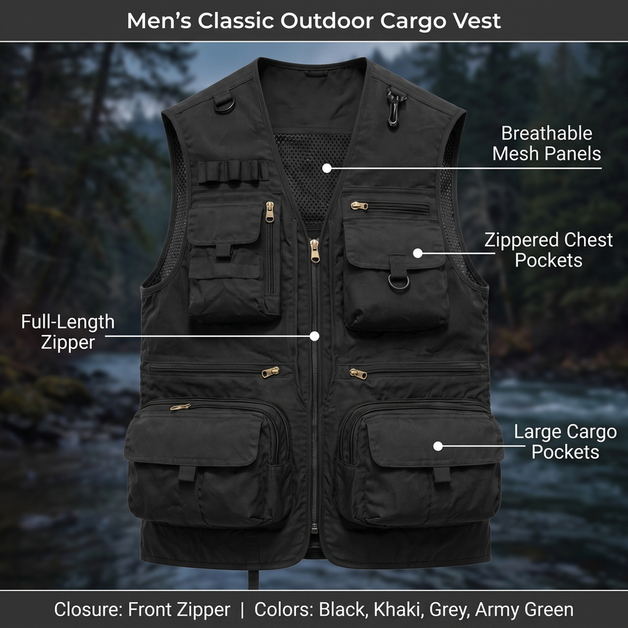 Feature overview of the classic outdoor cargo vest: full-length zipper, breathable mesh panels, zippered chest pockets, large cargo pockets