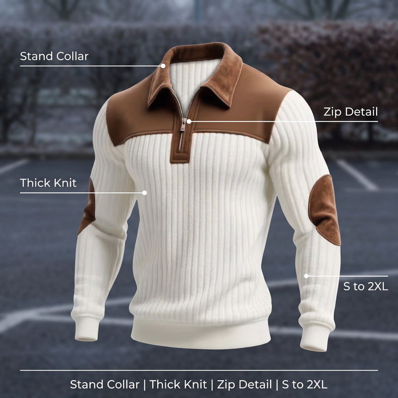 Men's Color Block Pullover Stand Collar Thick Knit Zip Detail Jumper, product photo 2
