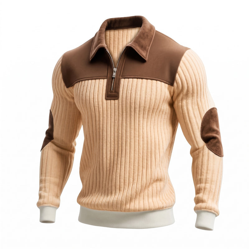 Men's Color Block Pullover Stand Collar Thick Knit Zip Detail Jumper, product photo 6