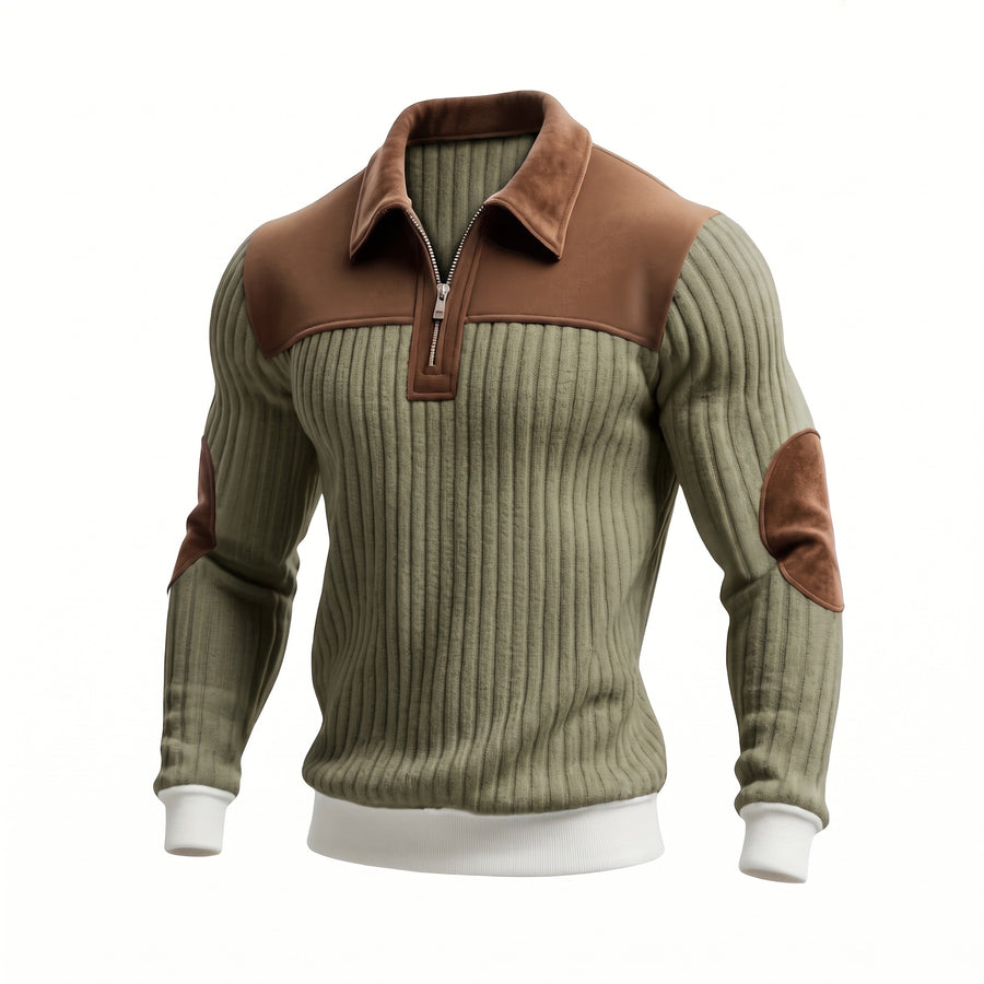 Men's Color Block Pullover Stand Collar Thick Knit Zip Detail Jumper, product photo 8
