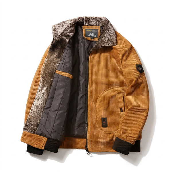 Sherpa Lined Corduroy Bomber Jacket Men's Ribbed Cuff Zip Up Coat