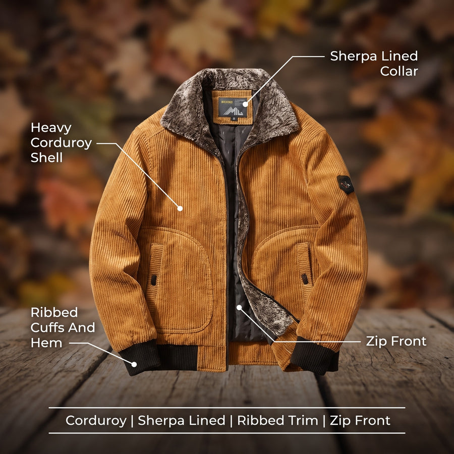 Men’s Corduroy Bomber Jacket Sherpa Lined Ribbed Cuffs Zip Front, product photo 2