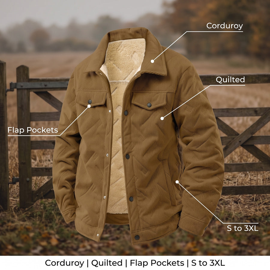 Men's Corduroy Jacket Quilted Flap Pockets Snap Front Coat, product photo 2