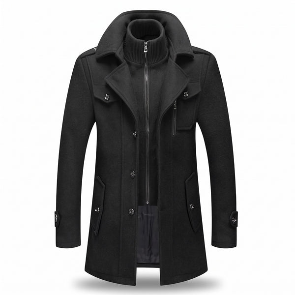 Men's Double Collar Overcoat Lined Single Breasted Long Winter Coat