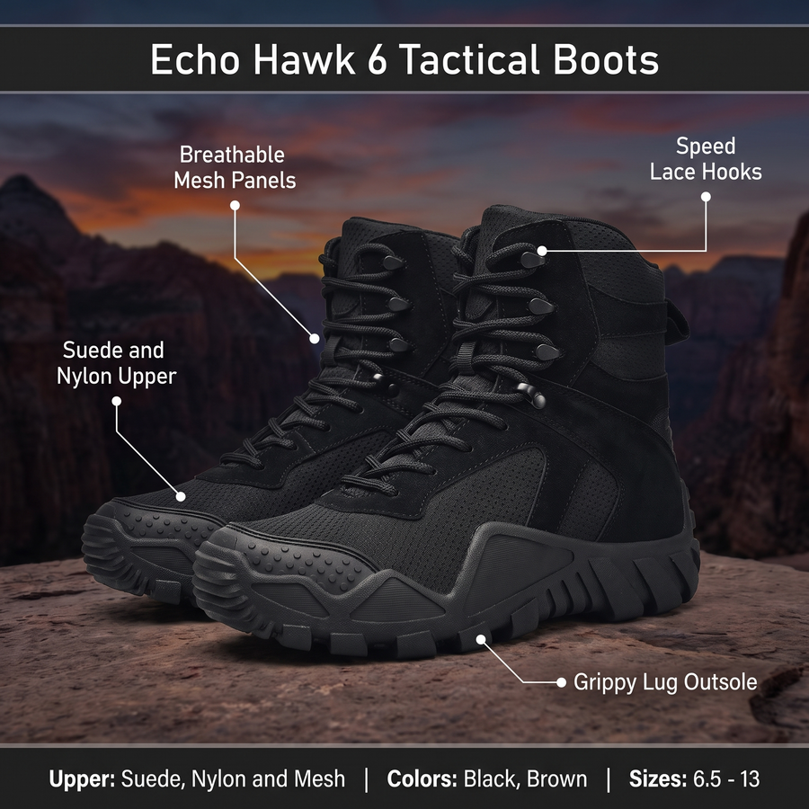 Feature overview of the Echo Hawk 6 tactical boots: suede and nylon upper, breathable mesh panels, speed lace hooks, grippy lug outsole